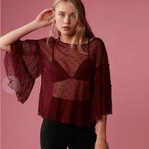 Express Mesh Dot Bell Sleeve Top in Chianti